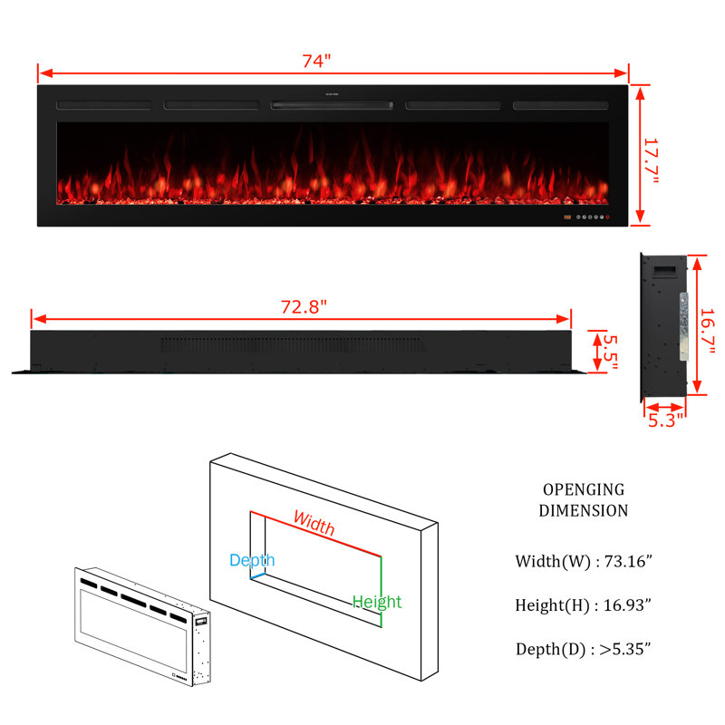 Abria Smart Electric Fireplace Inserts, 17.7" H x 74" W x 5.5" D