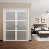 3  Lite Forested Glass White French-Pivot Pantry Closet Door With Hardware (Include Handles)