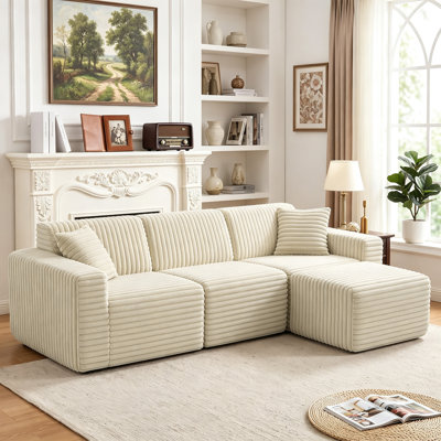 4 - Piece Upholstered Compression Light Camel Faux Rabbit Fur Flannel Modular Sectional Sofa No Assembly Required