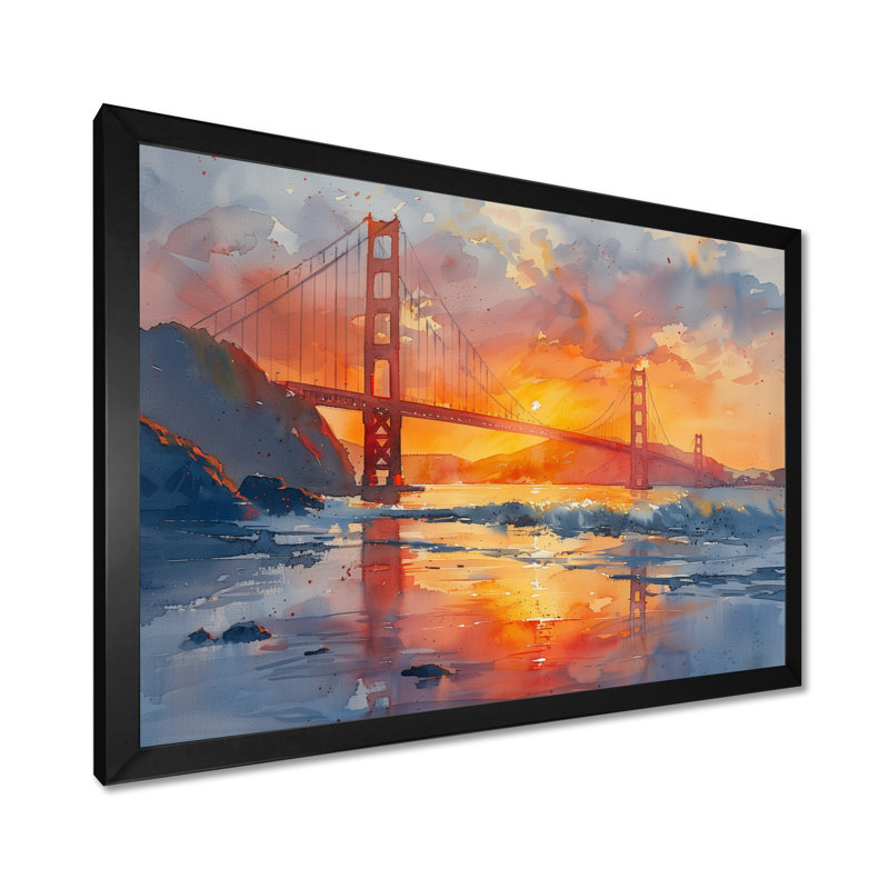 Art mural jaune jaune rouge Golden Gate, Toile encadrée noire simple, H 16 po x l 32 po x P 1 po