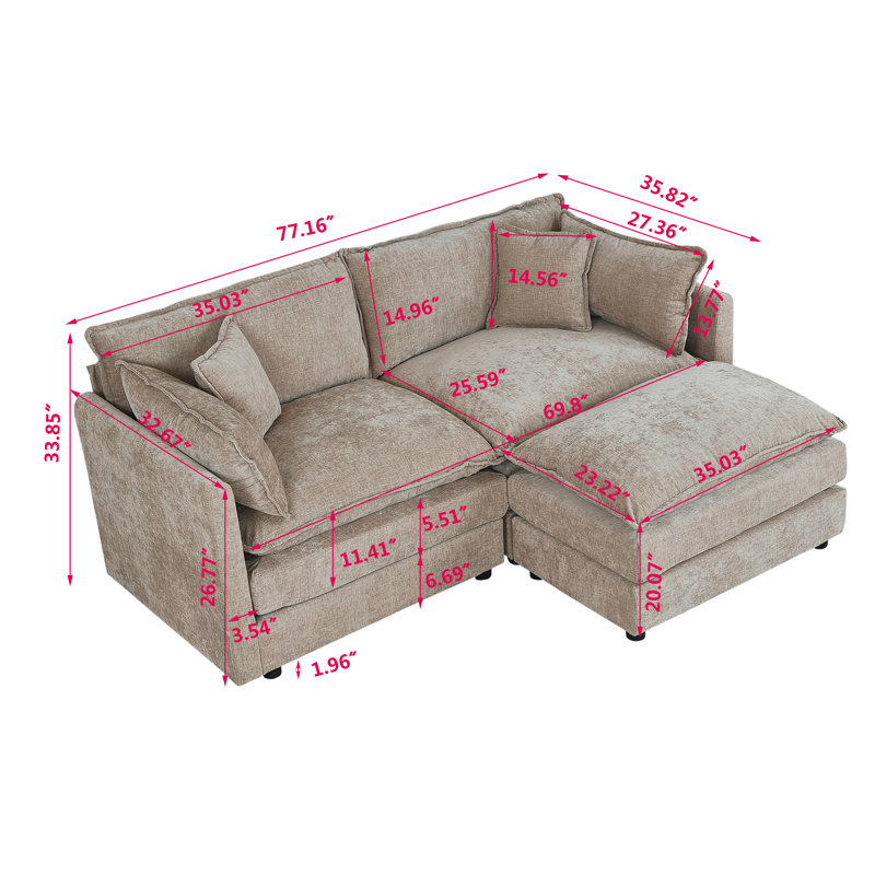 Canapé-lit en chenille moderne avec repose-pieds, Chenille café, H 33,85 po x l 77,16 po x P 35,82 po