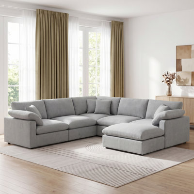 110"W 6-piece Sectional Corner Sofa Chenille Oversized Upholstered Modular Deep Seat Couch With Removable Ottoman & Pillows