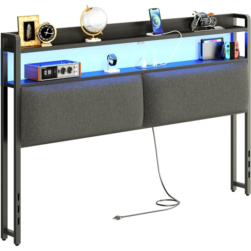 Headboard For Bed Frame, Headboards With Outlets, USB Ports And 60,000 DIY Color LED Light, Upholstered Head Board With Storage, Height Adjustable, Black