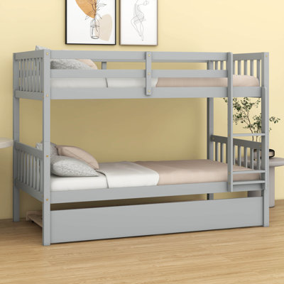 Twin Over Twin Bunk Bed – Twin-Size Trundle, Ladder, Safety Guardrails & Convertible To Twin Beds