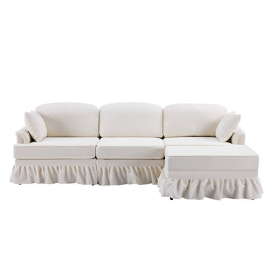 103.15'' Modern Sectional Sofa With Removable Ruffled Pleated Skirt, Chenille Cloud Sofa, Ottoman And Flared Arms, 4-Seat L-Shaped Fabric Sofa For Living Room And Bedroom, White
