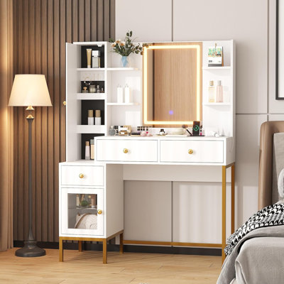 Modern Vanity Desk with Mirror & Lights, Adjustable 3 Lighting Modes Makeup Vanity Table with Stool, Charging Station, Drawers, Cabinet & Open Shelves for Bedroom