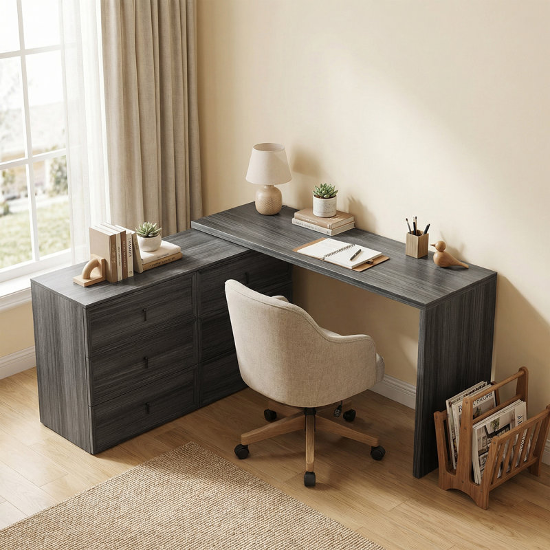 Bureau d'ordinateur en forme de L avec 6 tiroirs grain de bois noir, Noir