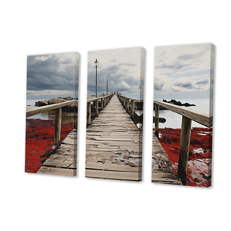 «Beach Pier Perspective Black VII» sur toile, reproduction de 3 pièces, H 32 po x l 48 po x P 1 po