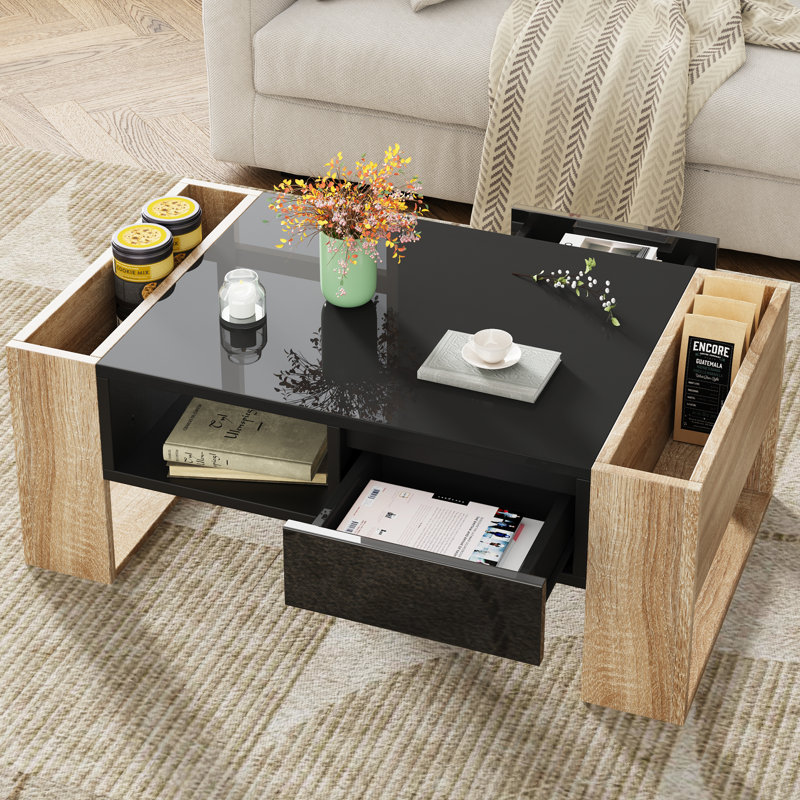  Table basse moderne ultrabrillante avec tablette ouverte, table centrale rectangulaire pratique avec rangement caché pour le salon, noir