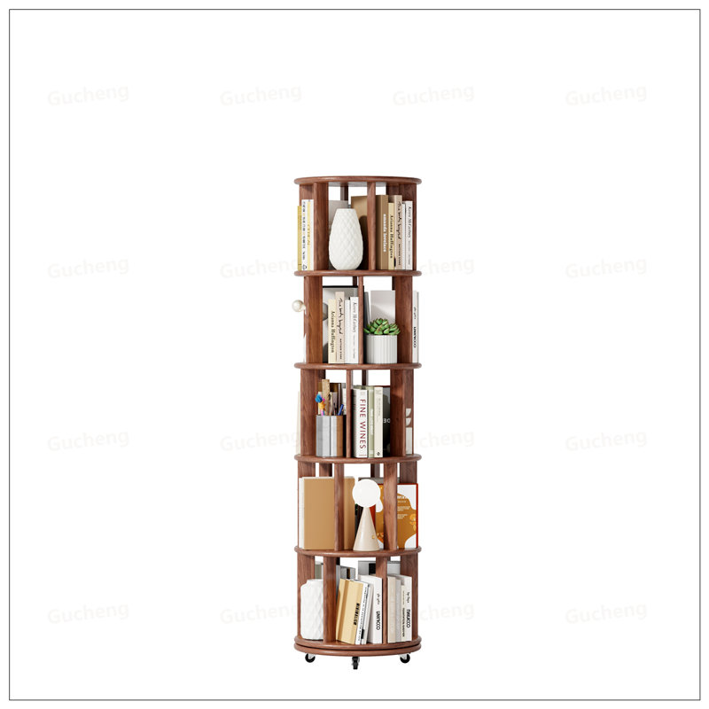 Solid Wood Rotating Bookshelf On Wheels, 5 Tier Round Revolving Bookcase, 360° Spinning For Small Spaces, Bedrooms, And Offices