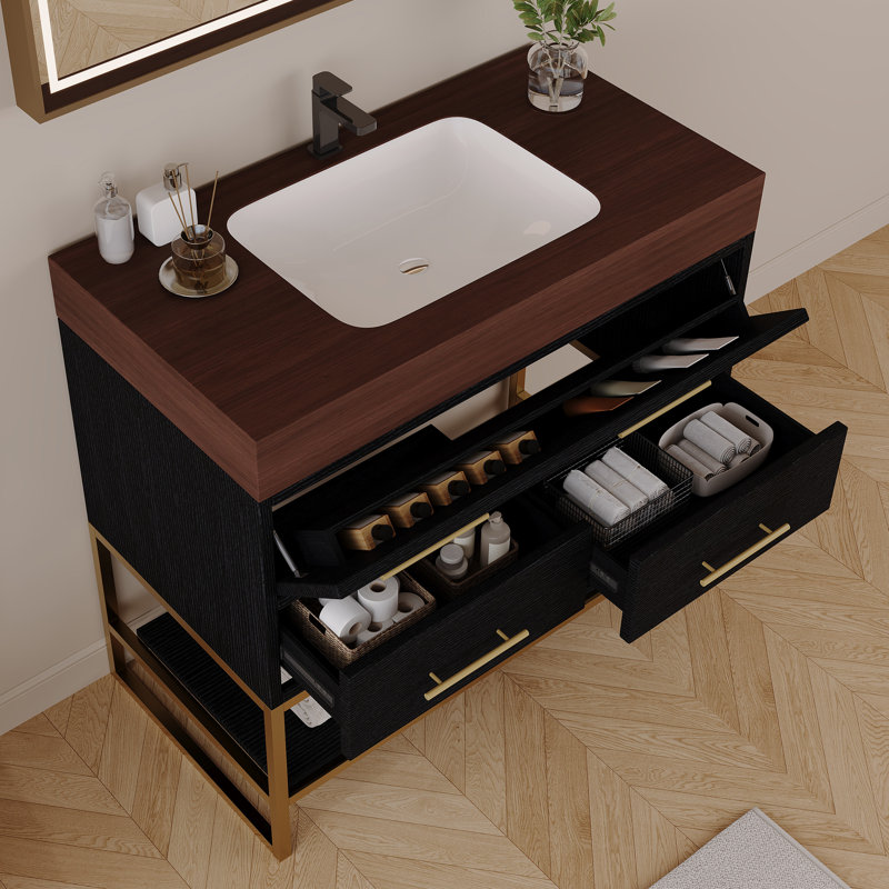 Meuble-lavabo de salle de bain de 91 cm (36 po) en pierre artificielle avec lavabo en céramique, meuble-lavabo moderne avec tiroirs à fermeture amortie et étagères ouvertes, meuble-lavabo autoportant.