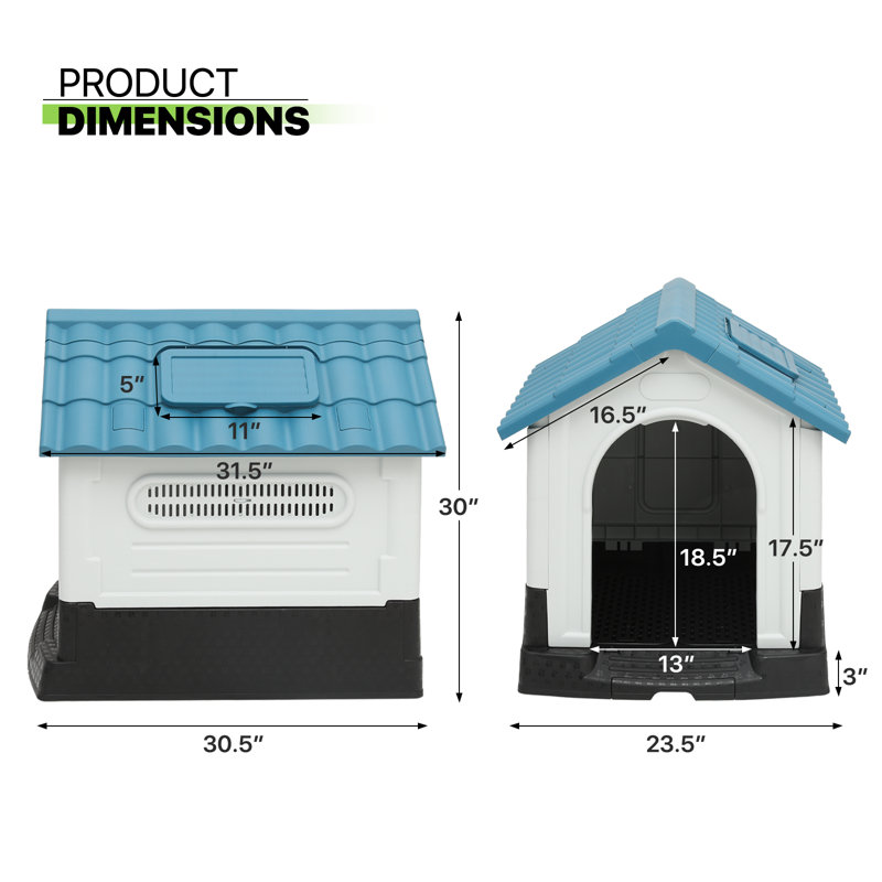  Blue/Black Plastic Portable Dog House, 32.5" H x 29.5" W x 33" D