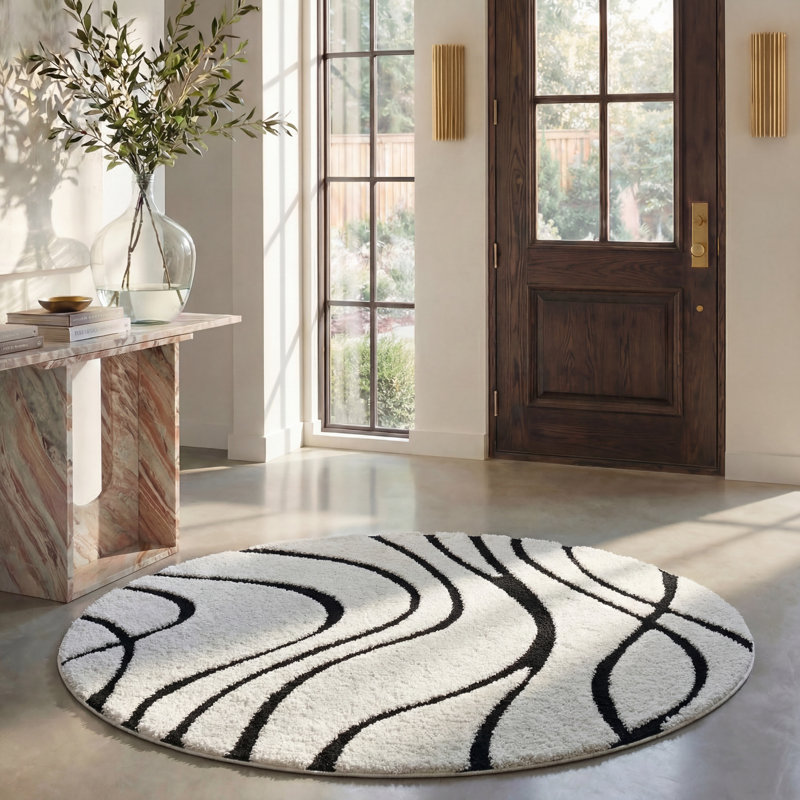 Ashal Abstract Indoor Rug, Round 3', Ivory/Black