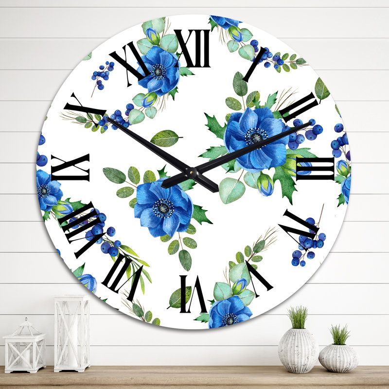 Horloge murale à motif anémones bleues et feuilles vertes sur fond blanc, Grand
