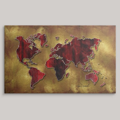 «Anjila World Map Red and Gold» par Megan Duncanson, impression, H 22 po x l 36 po x P 1,5 po, Toile