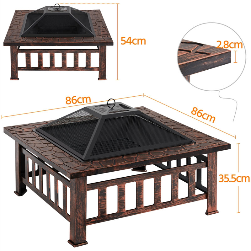 Hearthfolk Square Charcoal and Wood Burning Fire Pit, Copper, 86cm L x 86cm W x 54cm H