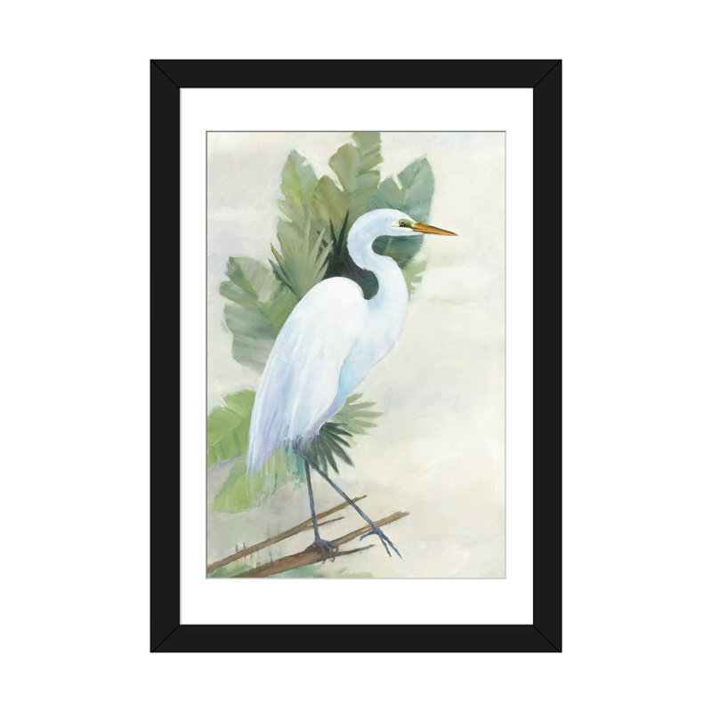 «Debout Egret I», reproduction d'art sur toile, H 24 po x l 16 po x P 1 po, Papier beaux-arts encadré noir, Blanc