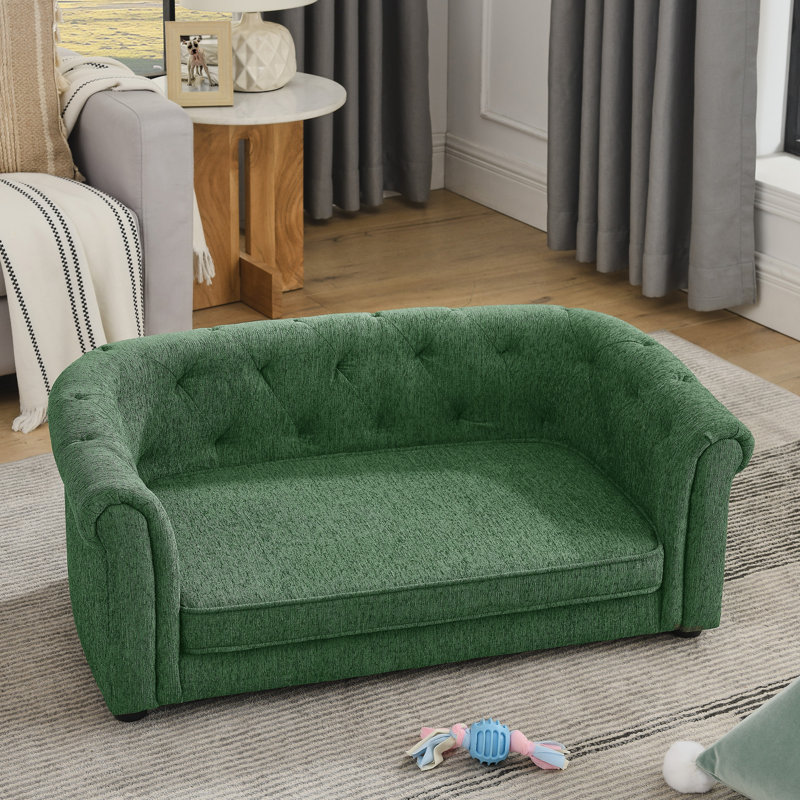 Contemporary Rectangular Linen Pet Sofa With Arc-Shaped Backrest And Armrests, Green