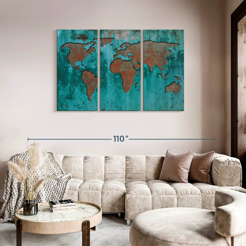 " Impression World Map " by Finnian P 3 - Pieces, 48" H x 74" W x 1.25"