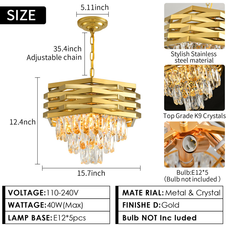 Lustre en cristal 15,7 po rond moderne doré, base E12, sans ampoule incluse, pour le salon de la salle à manger