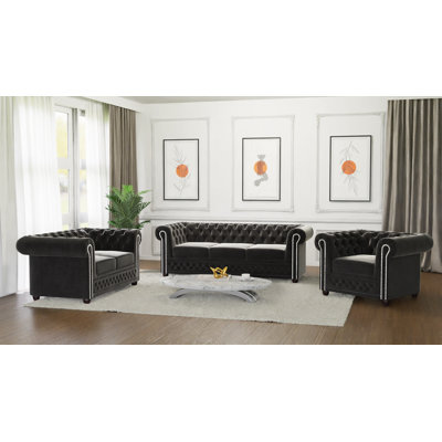 Chesterfield Hanna Sofa Set 3+2+1 Made of Velvet Fabric with Solid Wood Legs