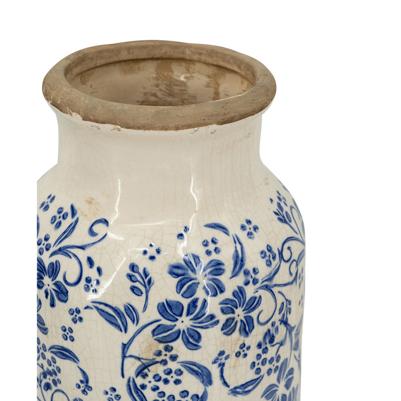Blue and White Ceramic Accent Vase with Traditional Floral Motifs, 15.2" H x 6.3" W x 6.3" D
