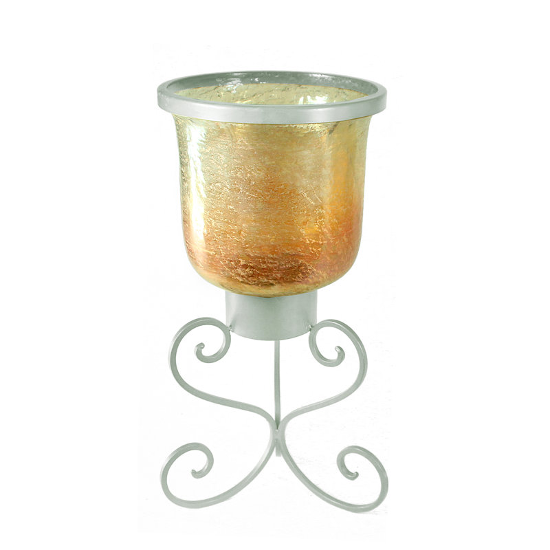 20.5" Metal And Glass Hurricane With Scroll Metal Stand Centerpiece, Silver