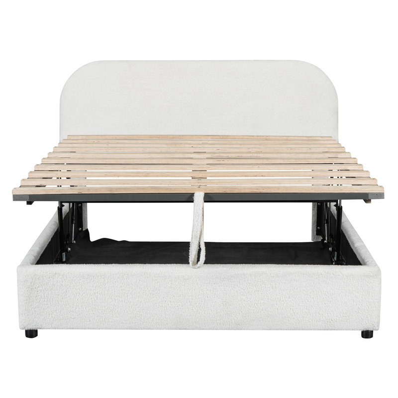 Hydraulic Storage Full Size Bed With Smooth White Fleece Surface Upholstered In Effective, Full / Double
