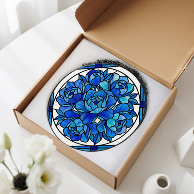 7.8"H Blue Floral Stained Glass Window Panel