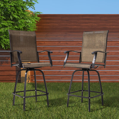 Caldean Outdoor Patio 2-Piece Swivel Bar Stools, Iron Bistro Chairs with Armrests, All Weather PVC Fabric for Patio, Brown with Gold Speckles