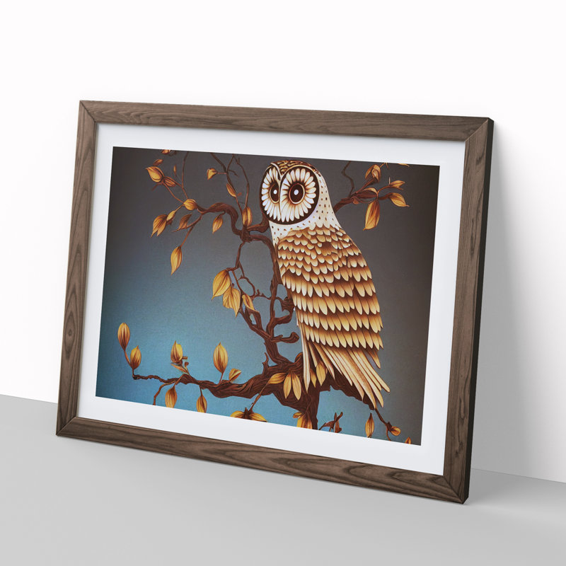 Owl Deco Style - Framed Print, 34cm H x 46cm W x 2cm D, Walnut