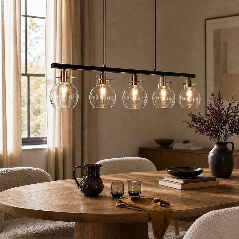 5 - Light Dimmable Shaded Dome/Cone Linear Chandelier, Globe