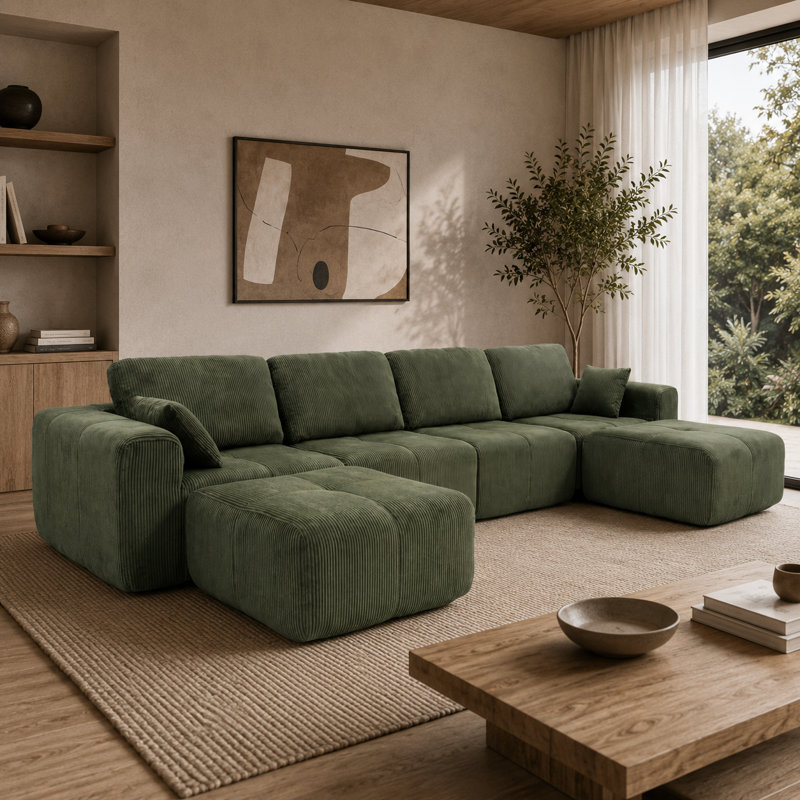 Boneless 150" Tufted Corduroy Modular Sectional Sofa with Ottomans, 6-Piece Set, Green, 31.1" H x 149.6" W x 74.8" D