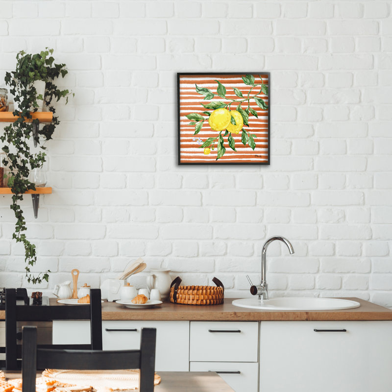 Juicy Lemon Vine on Red Framed Giclee, design by Paul Brent, Midnight Black Framed Giclee, 12" H x 12" W