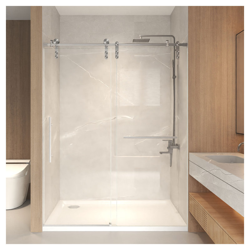 Porte de douche coulissante sans cadre, l 44-48 po x H 76 po, verre trempé 5/16 po, nickel brossé, Brushed Nickel