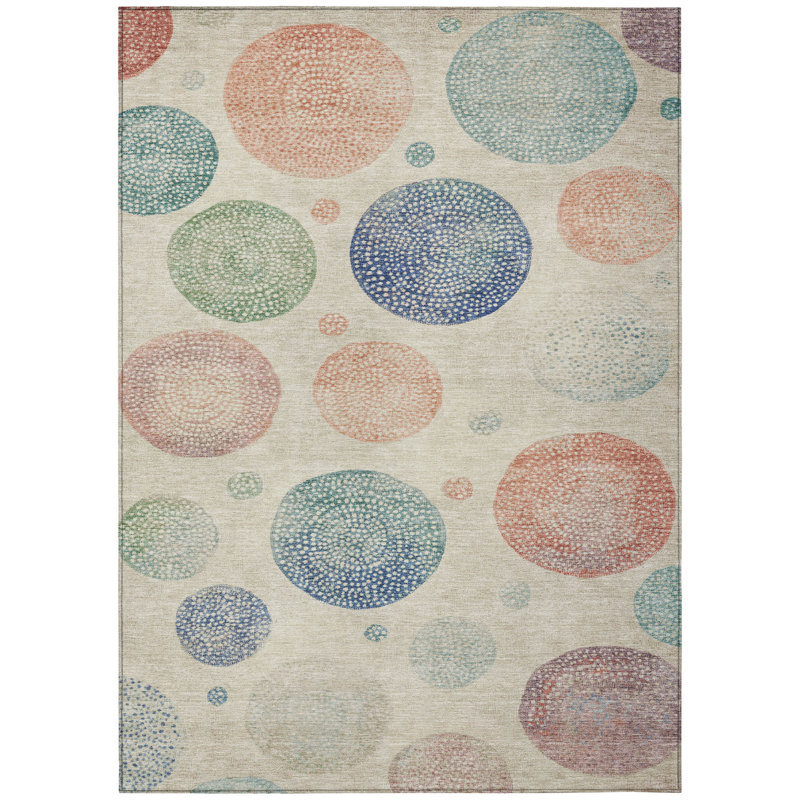 3' X 5' Ivory And Peach Geometric Washable Indoor Outdoor Area Rug