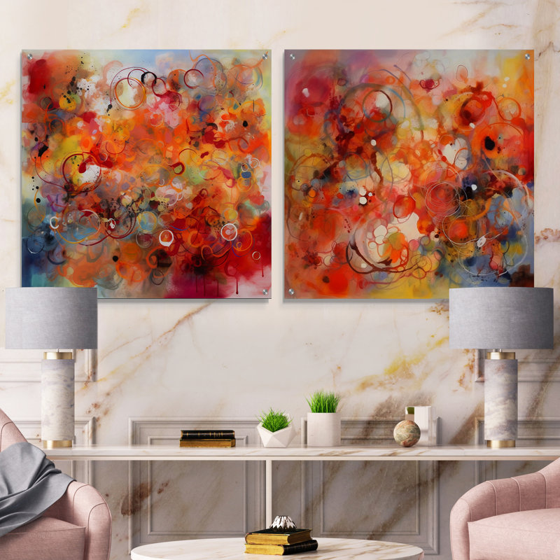 Orange orange rouge marbré Dreamscape I - ensemble de 2 art mural abstrait géométrique en verre acrylique, H 36 po x l 73 po