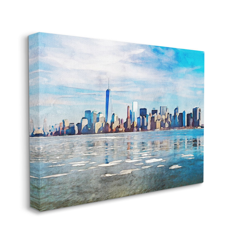 «Distant New York City Skyline Buildings» par Kim Curationa, impression sur toile tendue, H 24 po x l 30 po x P 1,5 po