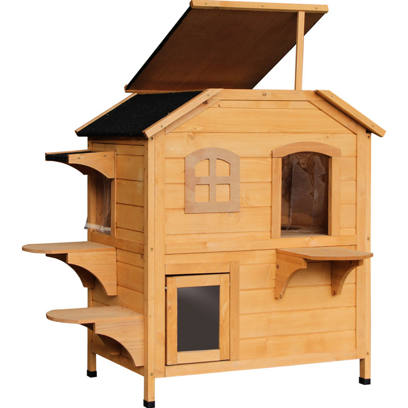 Enclos d'extérieur pour chat 2 étages - Maison en bois avec trappe d'évacuation pour chats de moins de 10 livres, toit ouvrable, plateformes de saut, porte blanche, plateformes