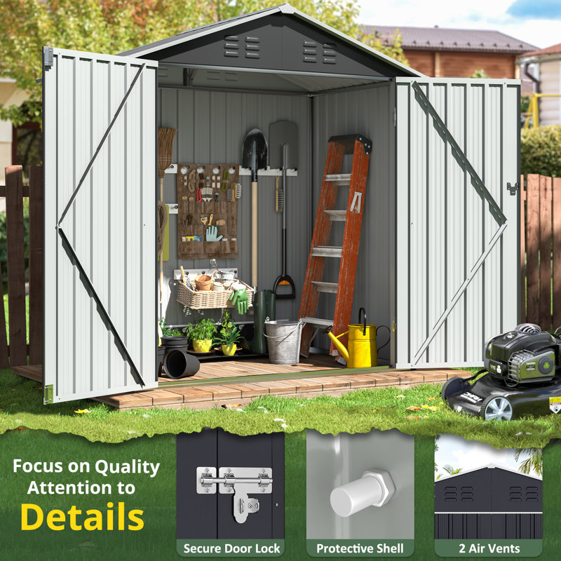 Outdoor Metal Storage Shed with Updated Frame Structure and Lockable Doors, 72.5" H x 67.4" W x 42.1" D