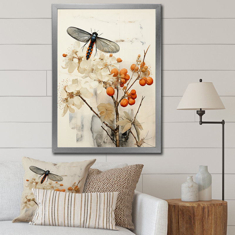Marfak Asian Art Insectes, corail sur toile, H 44 po x l 34 po x P 1,5 po, Cadre photo argenté