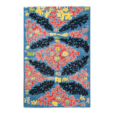 Tapis unique en laine noué à la main 5 pi 4 po x 8 pi bleu clair / rouge / jaune Khemisset