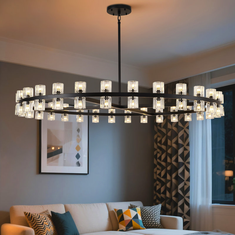 36"/48"/60" Dimmable Round Crystal Cup Large Chandelier, Matte Black, 103" H x 60" W x 60" D