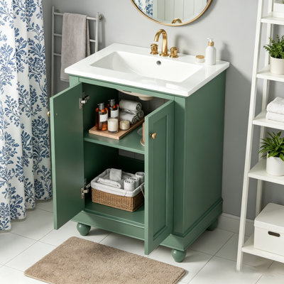 24" Contemporary Bathroom Vanity Cabinet with Integrated Ceramic Sink, Freestanding Bathroom Storage Unit with 2 Drawers & Customizable Adjustable Shelf