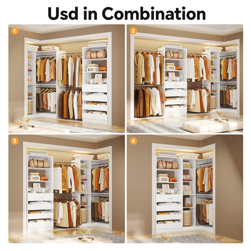 110-151.7Inches Closet System With 6 Rods And 4 Drawers, White
