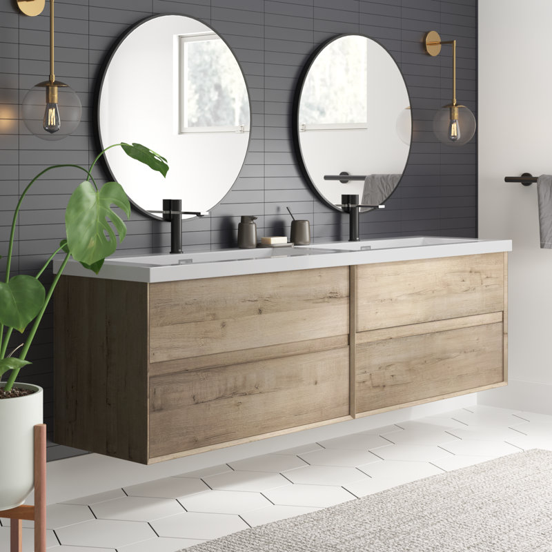 Seavy 83.4'' Double Bathroom Vanity with Plastic Top, Light Oak