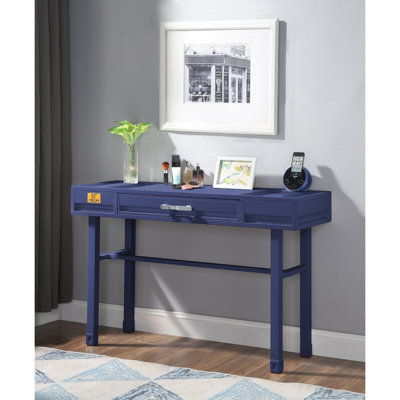 Bureau de meuble-lavabo en métal bleu, un tiroir, un cadre, des panneaux encastrés, un plateau en fer et un tiroir à glissière latérale avec fermeture manuelle