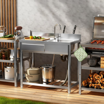Évier de cuisine extérieur en acier inoxydable 304 de 99 cm (39 pouces) avec tablette de rangement, tiroir et robinet réglables à 360°, idéal pour les barbecues de camping, pivotant à gauche pour l'eau chaude et froide dans le jardin.