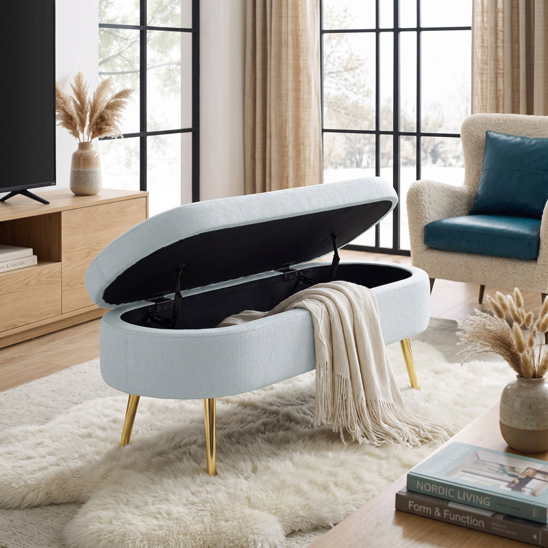 Banc de rangement élégant avec repose-pieds ovale - Siège polyvalent et rangement caché pour la vie moderne, Cyan