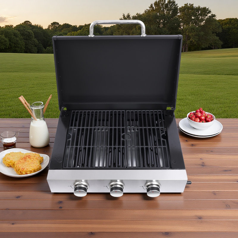Barbecue au gaz extérieur à 3 brûleurs de 28 680 BTU, plaque de cuisson émaillée et grilles en fonte, avec plateau à huile coulissant